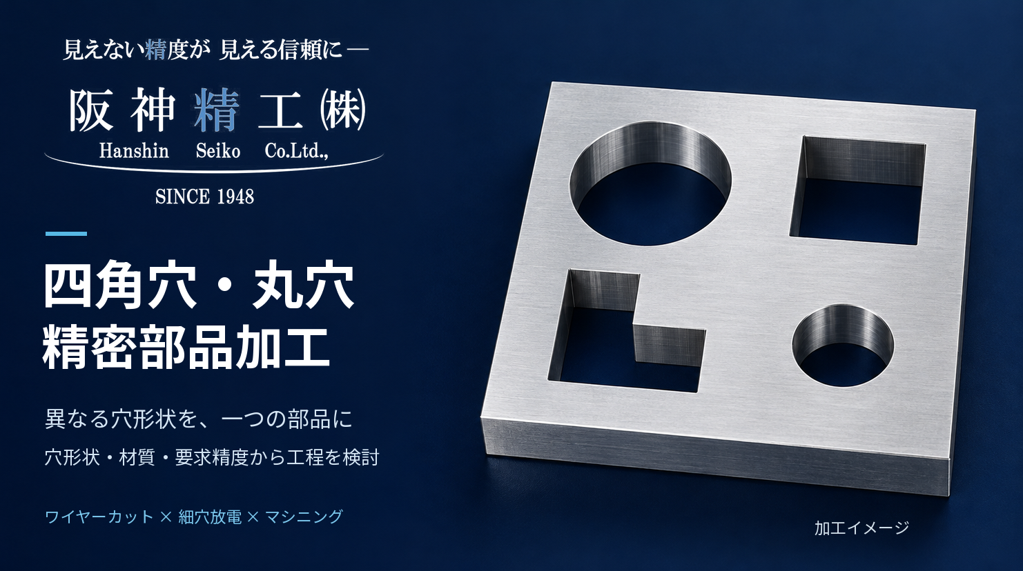 四角穴・丸穴が混在する精密部品加工|異形穴・複合加工