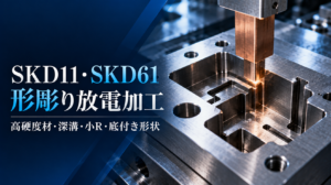 SKD11・SKD61などの金型用鋼への形彫り放電加工を示す銅電極と底付き凹形状のイメージ