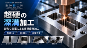 超硬合金の細い深溝・底付き形状を銅電極による形彫り放電で加工するイメージ
