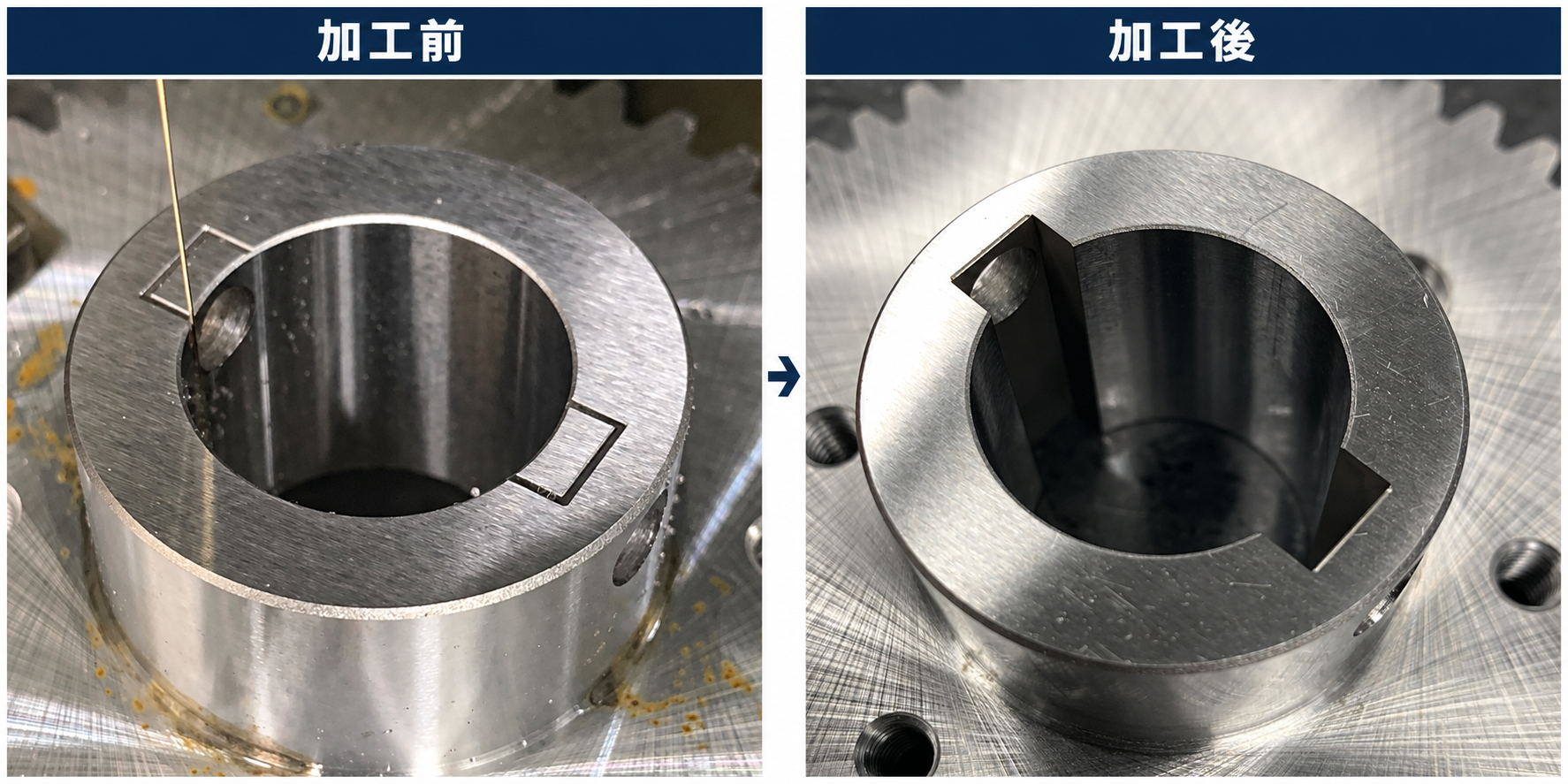 歯車の山との位置関係を精密に合わせた、両側キー溝加工|幅8mm・H6公差