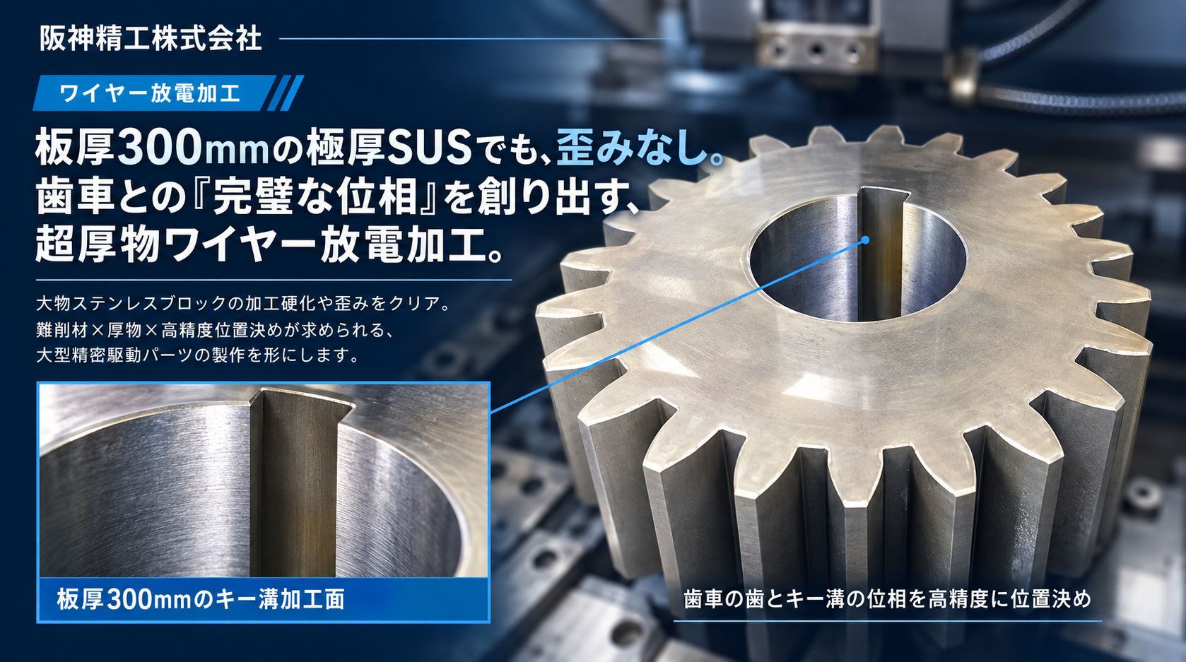 板厚300mm・SUS304大型歯車のキー溝加工|ワイヤー放電加工